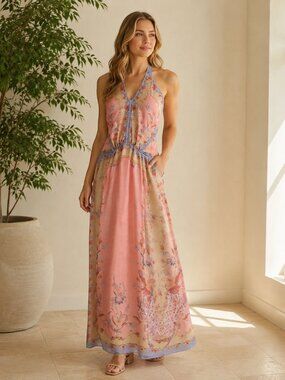 Pink Boho Print Halter Maxi Dress